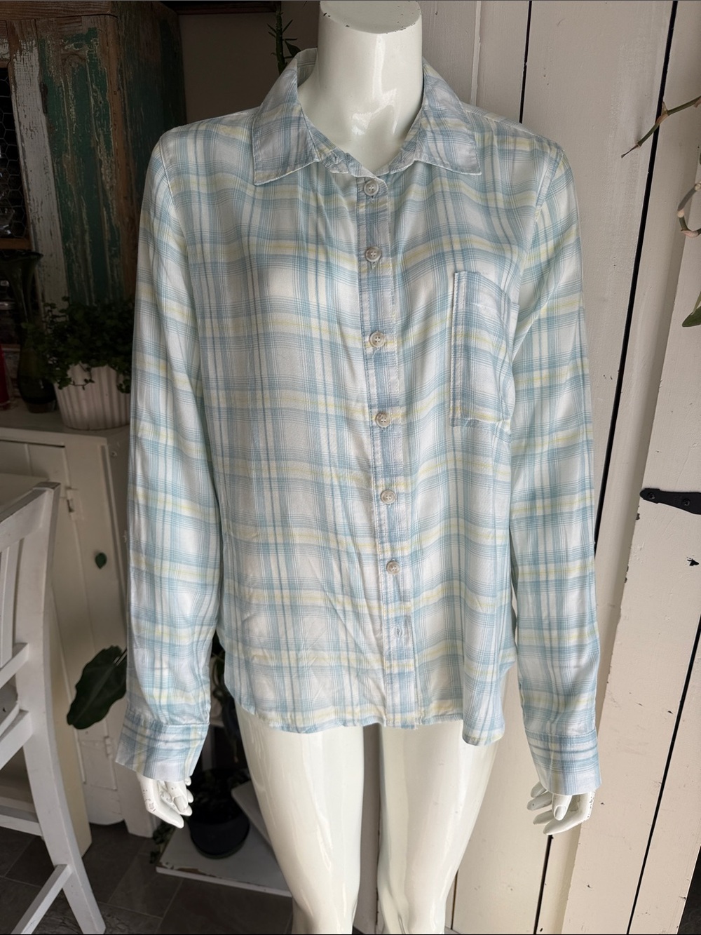 Blu Pepper 100% rayon Oversized pastel Plaid Cotton Button-Up Shirt Med